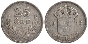 Швеция 25 эре 1914 W, Густав V (1907-1950) KM 785 серебро 4179-834