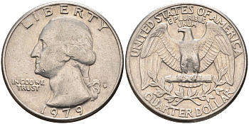 США 25 центов = квотер 1979 D, Вашингтон KM A164a медь плакированная медно-никелем 4584-1115