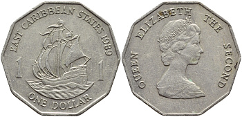 Восточно-Карибские штаты 1 доллар 1989 Елизавета II (1952-2022), парусник, первый год KM 20 медно-никель 4175-144