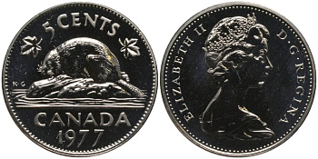 Канада 5 центов 1977 Елизавета II (1952-2022), бобр KM 60.1 никель PROOFLIKE 181-312