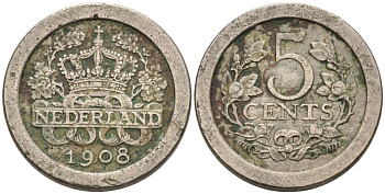 Нидерланды 5 центов 1908 Вильгельмина (1890-1948) KM 137 медно-никель 4576-767