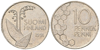 Финляндия 10 пенни 1991 M KM 65 медно-никель aUNC 99-1067
