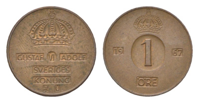 Швеция 1 эре 1967 U, Густав VI Адольф (1950-1973) KM 820 бронза 4623-832
