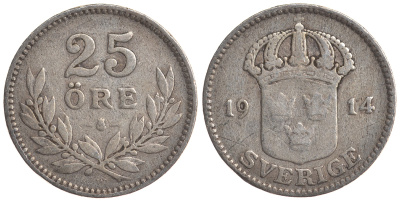 Швеция 25 эре 1914 W, Густав V (1907-1950) KM 785 серебро 4179-834