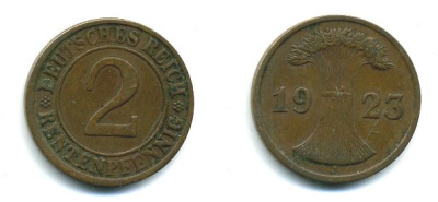 ГЕРМАНИЯ 2 РЕНТПФЕННИГА 1923 J J 307, KM 31 бронза 46-1218