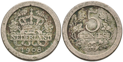 Нидерланды 5 центов 1908 Вильгельмина (1890-1948) KM 137 медно-никель 4576-767