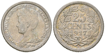 Нидерланды 25 центов 1917 Вильгельмина (1890-1948) KM 146 серебро 4611-226