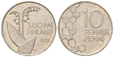 Финляндия 10 пенни 1991 M KM 65 медно-никель aUNC 99-1067