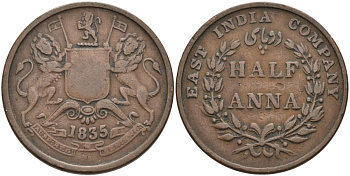 Британская Индия 1/2 анна 1835 M, Британская Ост-Индская компания, Мадрас, диаметр 30,8 мм. KM 447.1 медь 88-931
