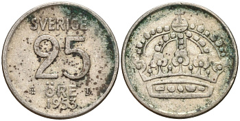 Швеция 25 эре 1953 TS, Густав VI Адольф (1950-1973) KM 824 серебро 4147-1029