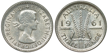 Австралия 3 пенса 1961 m, Елизавета II (1952-2022) KM 57 серебро 71-743