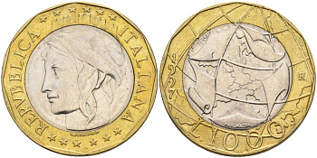 Италия 1000 лир 1997 Европейский Союз, ошибочная карта Европы - ГДР и ФРГ KM 190 биметалл  UNC   4182-124