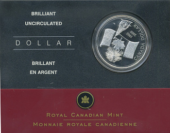 КАНАДА 1 ДОЛЛАР 2005 40 ЛЕТ ФЛАГУ, В ОРИГИНАЛЬНОЙ ПЛАСТИКОВОЙ КОРОБКЕ, С СЕРТИФИКАТОМ KM 549b серебро PROOF 5-1-60
