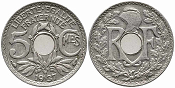 ФРАНЦИЯ 5 САНТИМОВ 1937 ТИП ЛИНДАЙЁ KM 875 медно-никель 72-1144