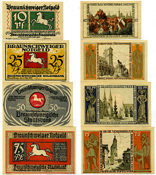 ВЕСТФАЛИЯ НАБОР ИЗ 4 БАНКНОТ 1 МАЯ 1921 - 1 МАЯ 1923, НОТГЕЛЬД (10, 25, 50, 75 ПФЕННИГОВ), ЗЕМЛЯ СЕВЕРНЫЙ РЕЙН-ВЕСТФАЛИЯ, СЕРИЯ ALT BRAUNSCHWEIG Grabowski 155.2 бумага 2193-7-2-2