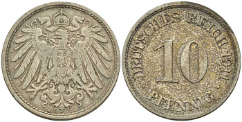 ГЕРМАНИЯ 10 ПФЕННИГОВ 1911 J KM 12, J. 13, Weege 8 медно-никель 212-136