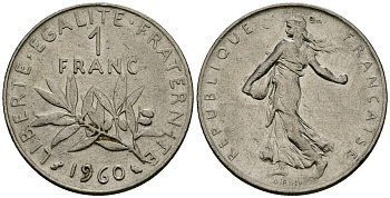 Франция 1 франк 1960 сеятель KM 925.1, Le Franc 226.4 никель 4138-254