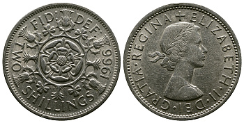 Великобритания 2 шиллинга (флорин) 1966 Елизавета II (1952-2022) KM 906, Spink 4146 медно-никель 4382-646