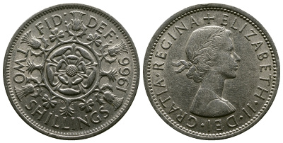 Великобритания 2 шиллинга (флорин) 1966 Елизавета II (1952-2022) KM 906, Spink 4146 медно-никель 4382-646