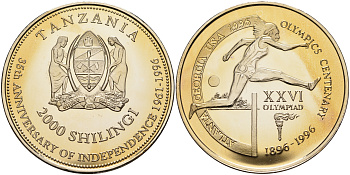 Танзания 2000 шиллингов 1996 XXVI Олимпийские игры 1996 года в Атланте, 100 лет Олимпийскому движению, бег с барьерами, пробник, гладкий гурт медно-никель PROOF 06-135-43