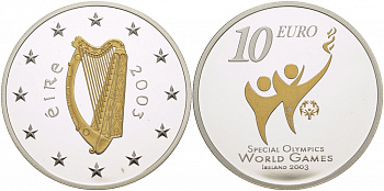Ирландия 10 евро 2003 специальные Олимпийские игры в Ирландии 2003, позолота KM 41 серебро PROOF 01-162-31
