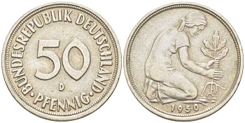 ФРГ 50 ПФЕННИГОВ 1950 D KM 109.1, J. 384 медно-никель 211-658