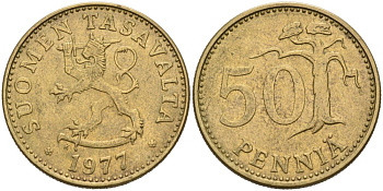 ФИНЛЯНДИЯ 50 ПЕННИ 1977 K KM 48 алюминиевая бронза 4563-433