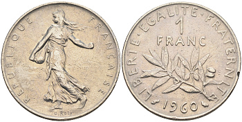 Франция 1 франк 1960 сеятель KM 925.1, LE FRANC 226.4 никель    4177-214