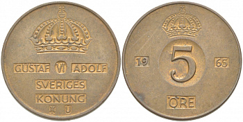 Швеция 5 эре 1965 U, Густав VI Адольф (1950-1973) КМ 822 бронза 77-531