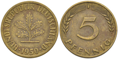 ФРГ 5 пфеннигов 1950 J KM 107, J. 382 сталь плакированная латунью 55-1256