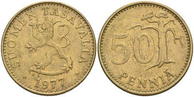 ФИНЛЯНДИЯ 50 ПЕННИ 1977 K KM 48 алюминиевая бронза 4563-433