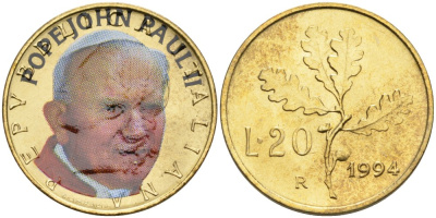 Италия 20 лир 1994 Иоанн Павел II, цветная эмаль KM 97 алюминиевая бронза UNC 4572-1212