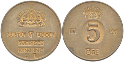 Швеция 5 эре 1965 U, Густав VI Адольф (1950-1973) КМ 822 бронза 77-531