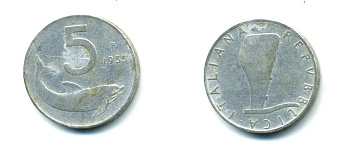 ИТАЛИЯ 5 ЛИР 1954 R, РУЛЬ, ДЕЛЬФИН KM 92 алюминий 23-1124