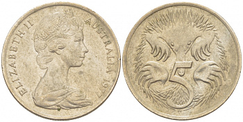 АВСТРАЛИЯ 5 ЦЕНТОВ 1977 ЕЛИЗАВЕТА II, МОЛОДОЙ ПОРТРЕТ, ЕХИДНА KM 64 медно-никель 3851-1128