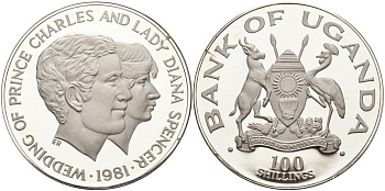 Уганда 100 шиллингов 1981 Королевская Свадьба, ПРИНЦА ЧАРЛЬЗА И ЛЕДИ ДИАНЫ KM 22 серебро PROOF 01-076-11