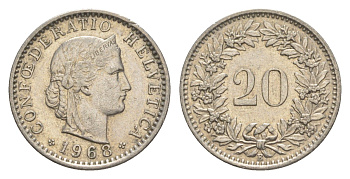 Швейцария 20 раппенов 1968 B KM 29a медно-никель 4625-1154