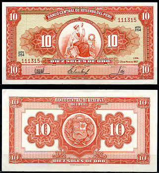 Перу 10 солей 1967 сидящая свобода, Thomas de la Rue Pick 84 a  бумага  аUNC 444-144-2-2