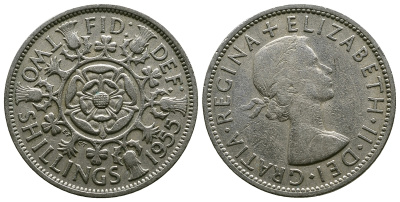 Великобритания 2 шиллинга (флорин) 1955 Елизавета II (1952-2022) KM 906, Spink 4146 медно-никель 4607-923