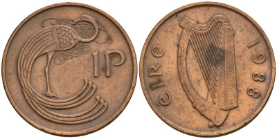 Ирландия 1 пенни 1988 мифологическая птица лира KM 20 бронза 4141-237