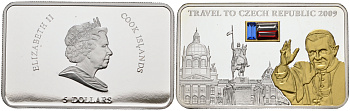 Острова Кука 5 долларов 2009 визит в Чехию Папы Римского, камни, позолота серебро PROOF 1069-5-33