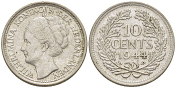 Нидерланды 10 центов 1944 Вильгельмина (1890-1948) KM 163 серебро aUNC 66-1253