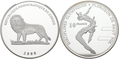 Конго 10 франков 2000 олимпийские дисциплины, прыжки в воду KM 45 серебро PROOF 04-319-12
