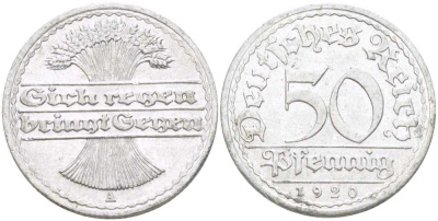 ГЕРМАНИЯ 50 ПФЕННИГОВ 1920 A KM 27, J. 301, Weege 10 алюминий 261-313