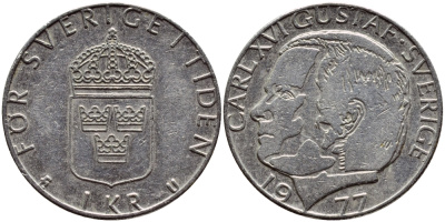 Швеция 1 крона 1977 Карл XVI Густав (1973- ) KM 852 медь плакированная медно-никелем 4397-814