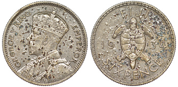 Фиджи 6 пенсов 1934 Георг V (1910-1936), черепаха KM 3 серебро    4606-114