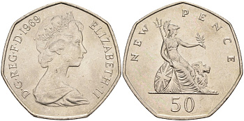 Великобритания 50 пенсов 1969 Елизавета II (1952-2022) KM 913, Spink 4223 (H1) медно-никель UNC 4565-245