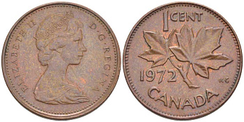Канада 1 цент 1972 Елизавета II (1952-2022), кленовый лист KM 59.1 бронза 99-241