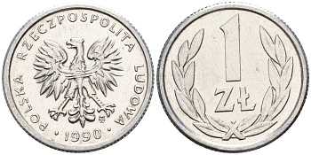 Польша 1 злотый 1990 MW KM 49.3 алюминий    4564-655
