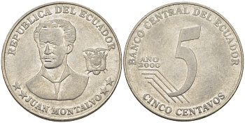 ЭКВАДОР 5 СЕНТАВО 2000 ХУАН МОНТАЛЬВО KM 105 сталь 31-333